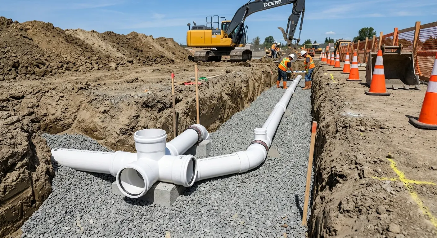 New PVC sewer pipe installation in open trench for Sewer Backup in Heber Springs