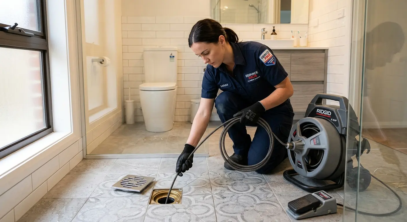 Technician clearing a bathroom floor drain for Sewer Line Installation in Heber Springs